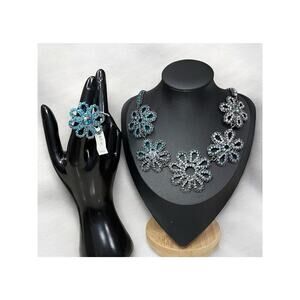 Coach Y2K Pavé Crystal Flower Necklace and New With Tags Flower Ring Size 6